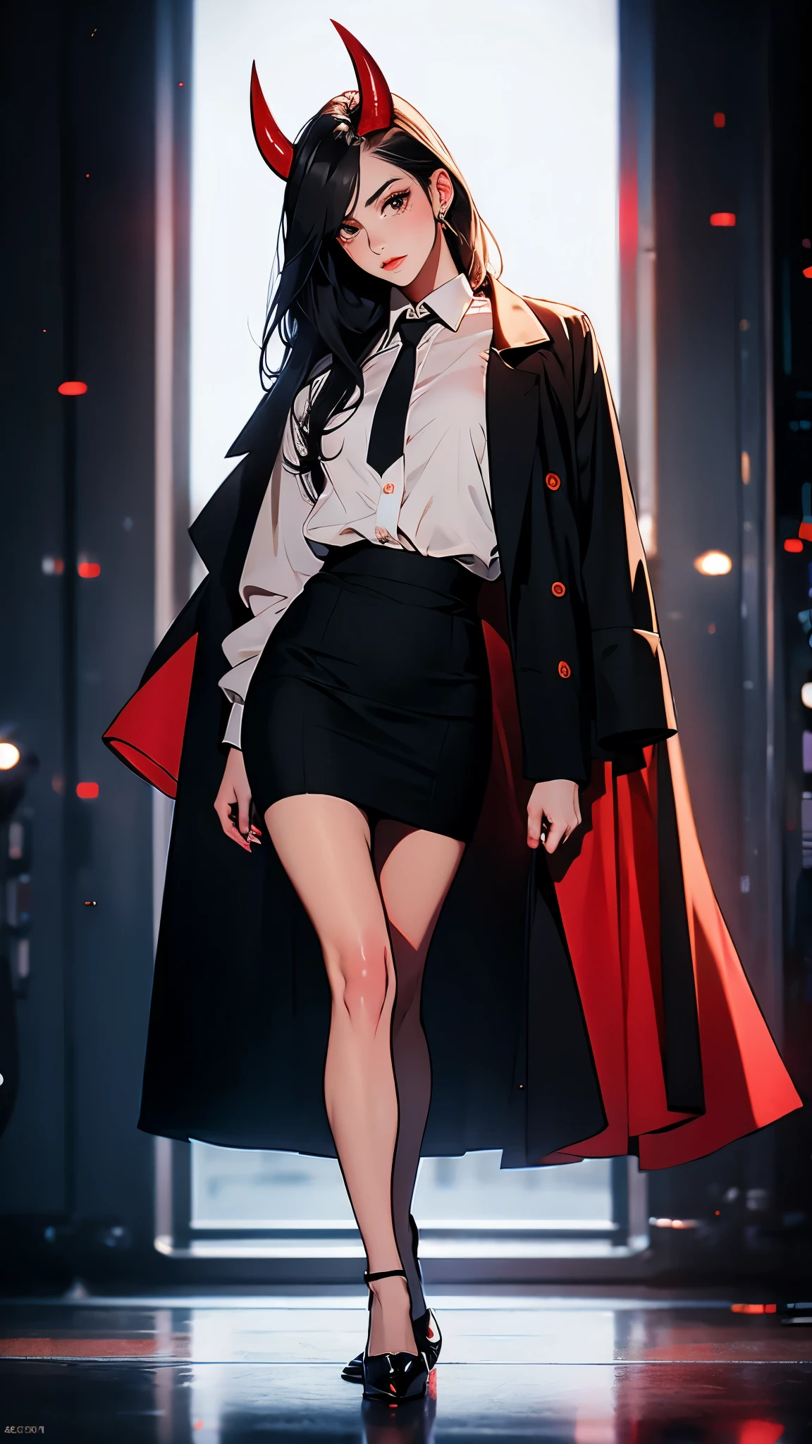 ((Masterpiece)), envision a 8k, highres, cinematic, extremely beautiful semi realistic full body pinup of a strong mature lady with a slender body, choppy black hair, side locks, strong face, slender face, long sweeping bangs, red eyes, soft lips, lip gloss, thick eyebrows, round face, white shirt, black tie, ((red horns)), trench coat, pencil skirt, pantyhose, shoes, ((((1girl)))), in dark lighting, against a dark gray background