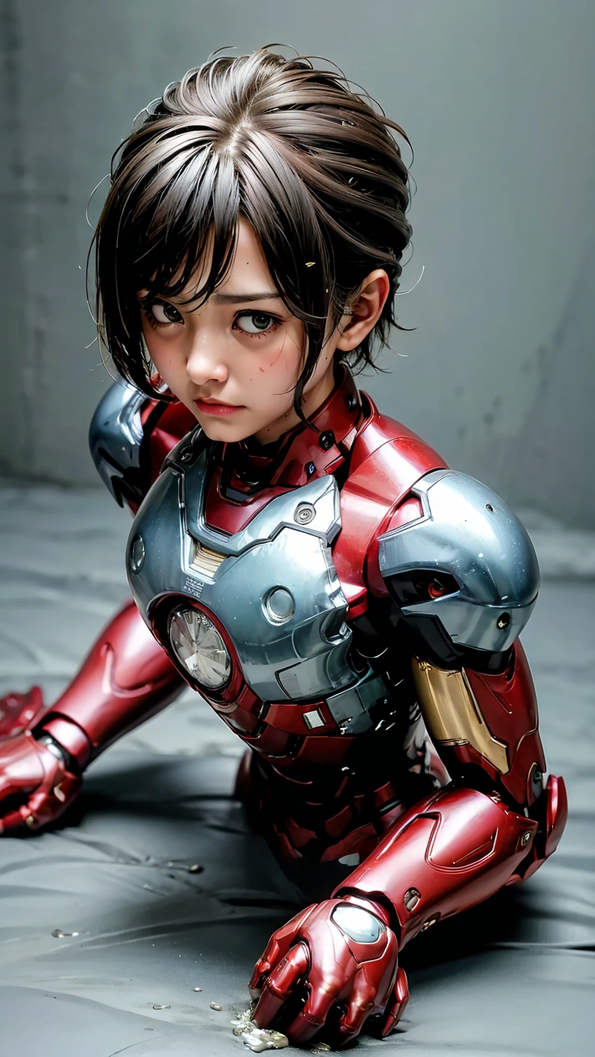 Best Quality　8k Iron Man Suit Girl　Kindergarten girl　Sweaty face　cute　Short Hair　boyish　Steam coming out of my head　My hair is wet with sweat　Black hair feel　Full body portrait　My upper body is soaked　Close your eyes　On all fours