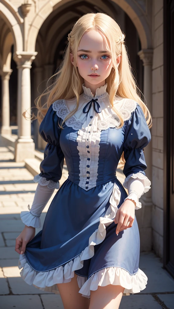 Virginia Otis, 15 years old (a blond, Blue eyes), Thin, Cute face, Stroll around Canterville Castle at night (novel「Ghosts of Canterville」inspired by). he died in 1887, Victorian dark fantasy、(Lifting the skirt yourself:1.8)、,(プッシーライン:1.5)、(Big pubic mound:1.8)、(Ultra-detailedオマンコ)、Realistic body、Realistic skin type