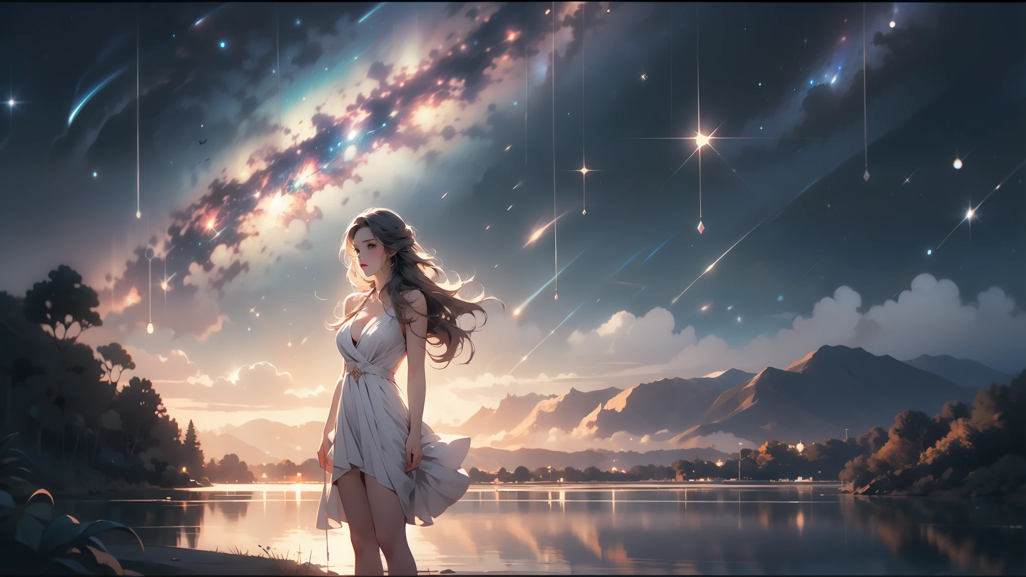 (巨作)、detailded、8K、((Full body back photo visible from head to toe))、Girl in micro bikini and straw hat、Slender and long healthy legs、short dark hair、Colorful inner hair、Realistic and sharp details、with intricate details、Standing in the back of a meadow on a cliff near the sea, looking up at the ultra-beautiful and full view of multiple starry skies and galaxies.