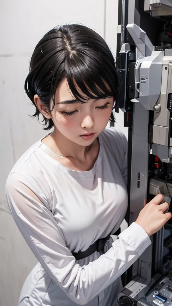 Textured skin, Super detailed, Attention to detail, high quality, 最high quality, High resolution, 1080P, hard disk, beautiful,(War Machine),beautifulサイボーグ女性　最high quality　8k 　Kindergarten girl　Sweaty face　cute　Short Hair　boyish　Steam coming out of my head　My hair is wet with sweat　Black hair feel　Full body portrait　My upper body is soaked　Close your eyes