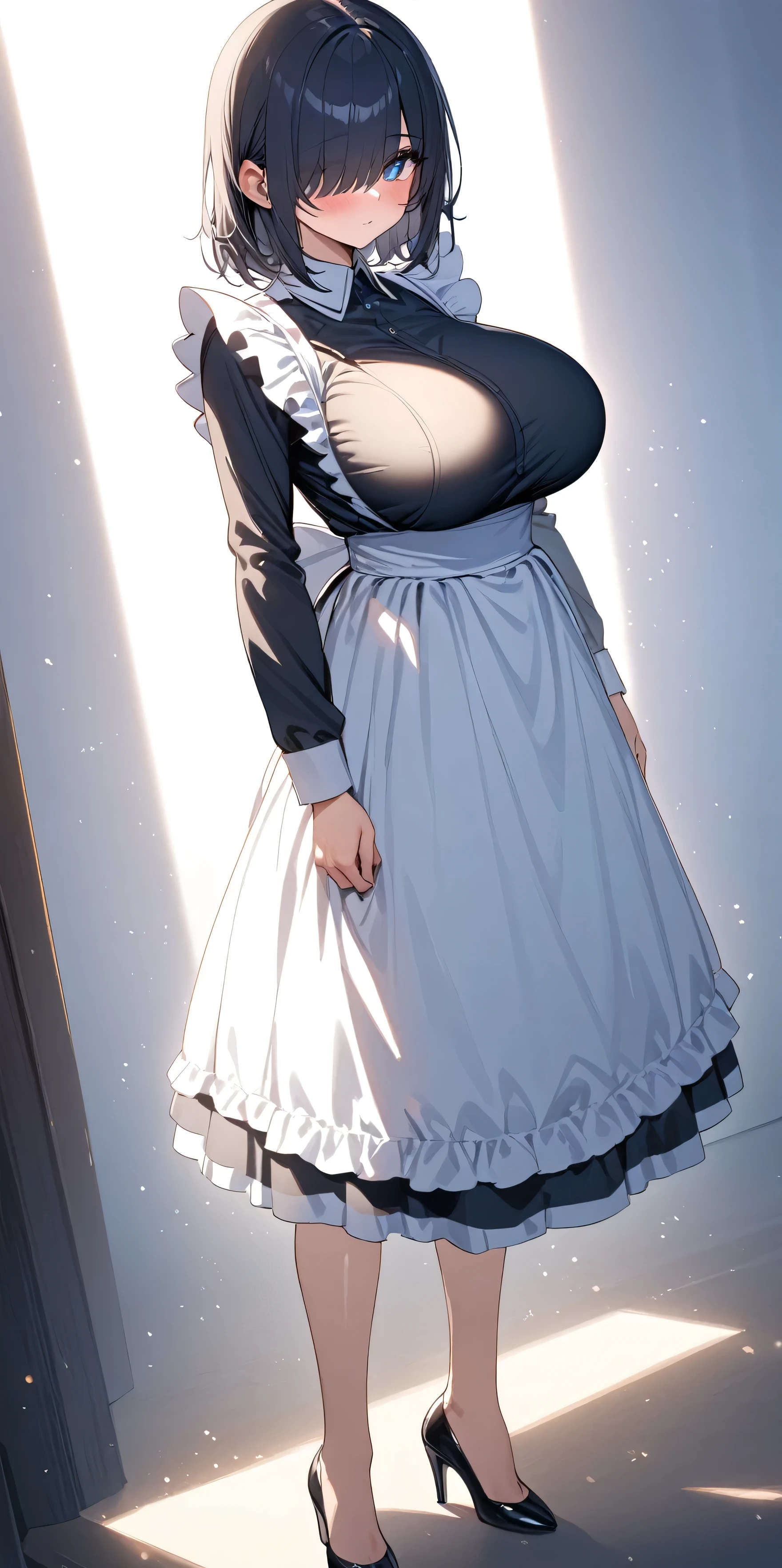 (masterpiece, Highest quality:1.2), 1girl, Black medium hair, (maid dress), growing light, ((blue eyes)), ((big breast)), light particles, long bangs, bangs, high detail, glowing light, bloom, standing, ((hair over eyes)), eyes visible through hair, back light, natural light, blush, mature, long sleeves, white background, full body, heels