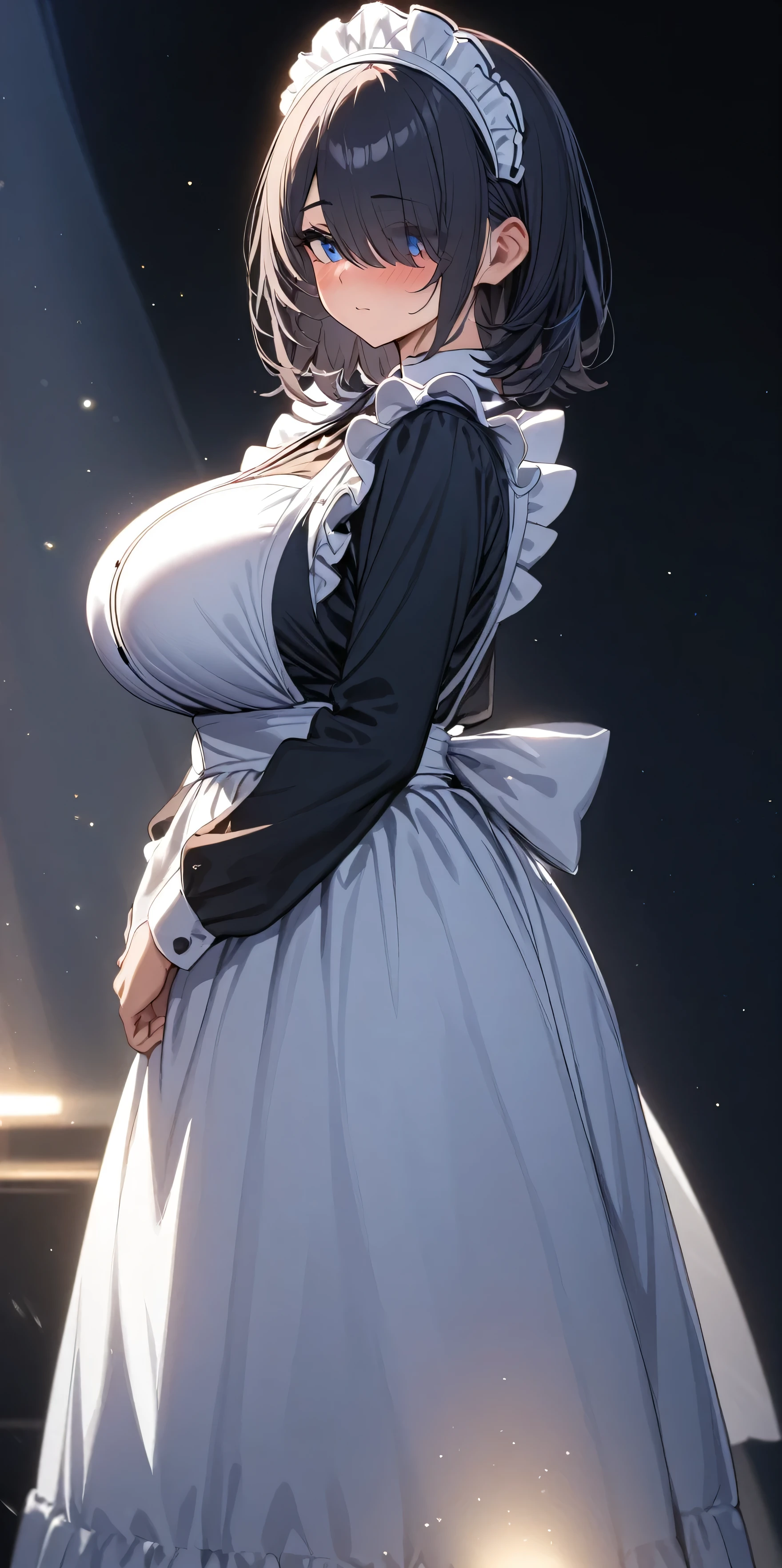 (masterpiece, Highest quality:1.2), 1girl, Black medium hair, (maid dress), growing light, ((blue eyes)), ((big breast)), light particles, long bangs, bangs, high detail, glowing light, bloom, standing, ((hair over eyes)), eyes visible through hair, back light, natural light, blush, mature, long sleeves, white background, full body, heels