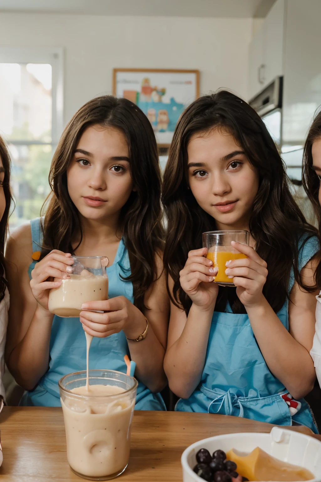 cute agers, 2 pretty teengirls, drinking water, table with vitamins near them, UHD, masterpiece, accurate, anatomically correct, textured skin, super detail, high details, high quality, award winning, best quality, highres, 4K, 8k, 16k