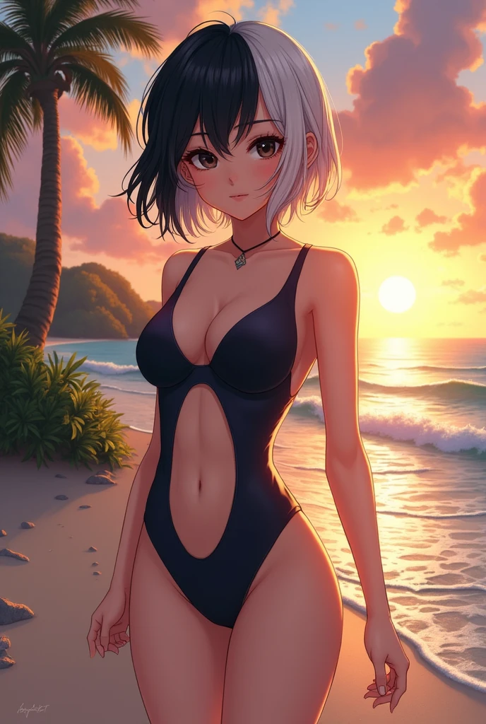 Screenshot of my hero academy, girl with white hair and gray eyes with dark circles, She is wearing a black swimsuit, It is in the water and has flowers adorning it, In the background there is a beach and it is nighttime