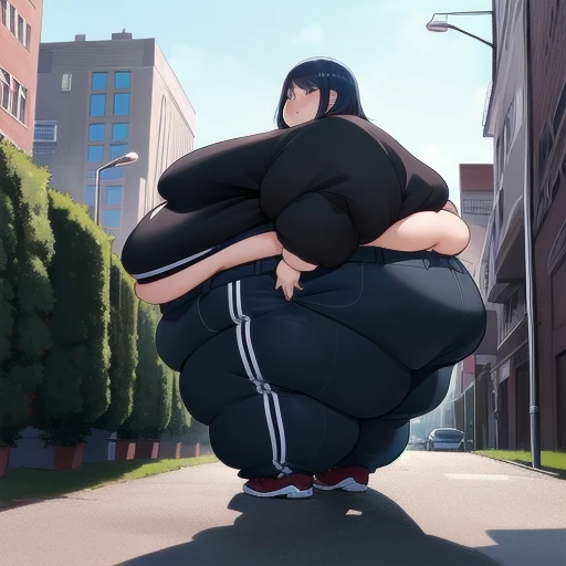 masterpiece,Highest quality,Ultra delicate,Severely obese women,Sitting on the floor, Extremely overweight, Extreme obesity, Large waist,Extremely obese women,Wearing a black suit, Very fat lump, Long Blue Hair, Extra Large, ((Obese belly that hangs down to the knees)), [Fat belly, ((Standing in the city,Very thick thighs,Very big swollen ass)),Extra Large arms, Very wide hips,
