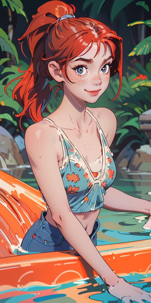 (AliceDV:1.1),  1girl, solo, breasts, swimsuit, large breasts, bikini, cleavage, (short twintails:1.1), bikini top only, (orange hair:1.1), navel, red bikini, midriff, (short hair:1.1), looking at viewer, outdoors, nature, tree, orange eyes, full body, dynamic pose,  dynamic angle, from above, selfie, fisheye, angular drawing, smr03, pointy nose, sketch
