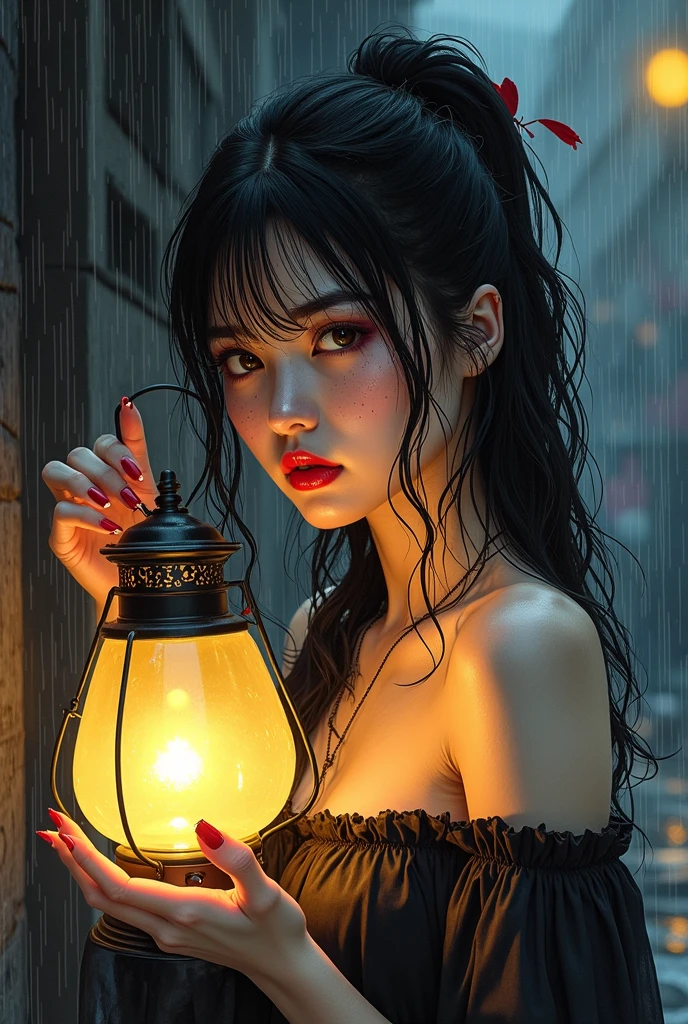 night、balcony、Smoke a cigarette, colored inner hair, black hair, medium hair, mole under eye, sad, Surrealism, chiaroscuro, afterimage, from behind, from side, UHD, textured skin