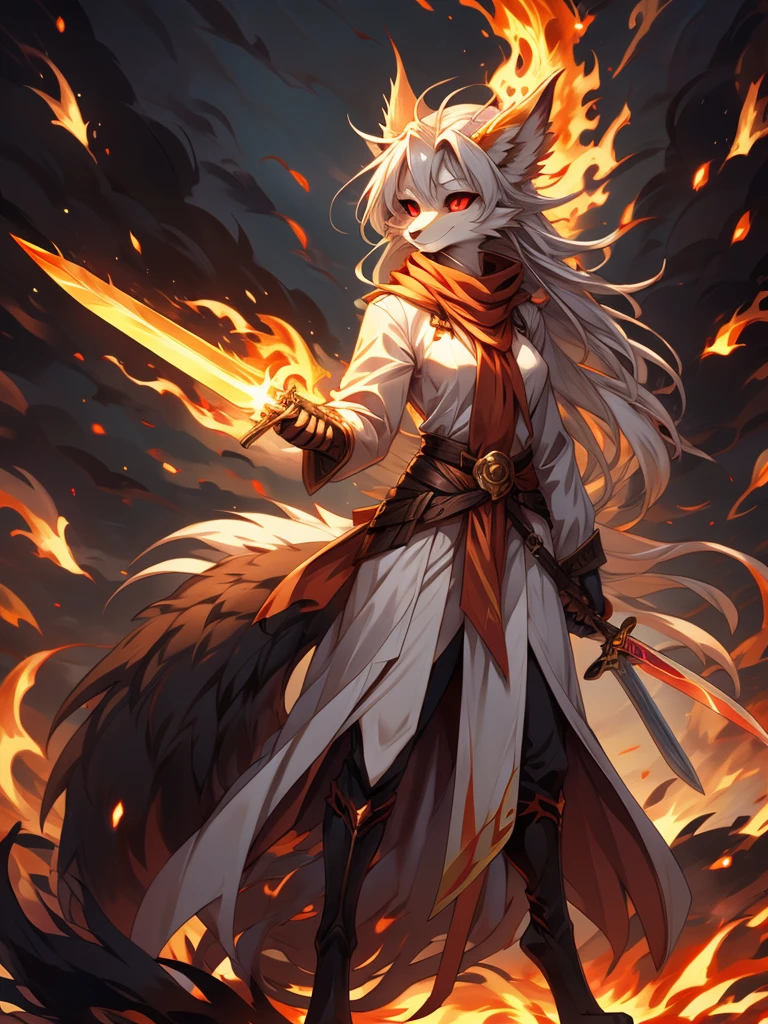 (female) Furry, black fox, fur, fluffy fur, long nine tail,red Horns,white sclera, red light eyes, white hair, long teil hair, fox girl black body, light red Flame pattern,long white coat,long Flame scarf, , Flame stockings, holding a Great Sword,phoenix fire effect