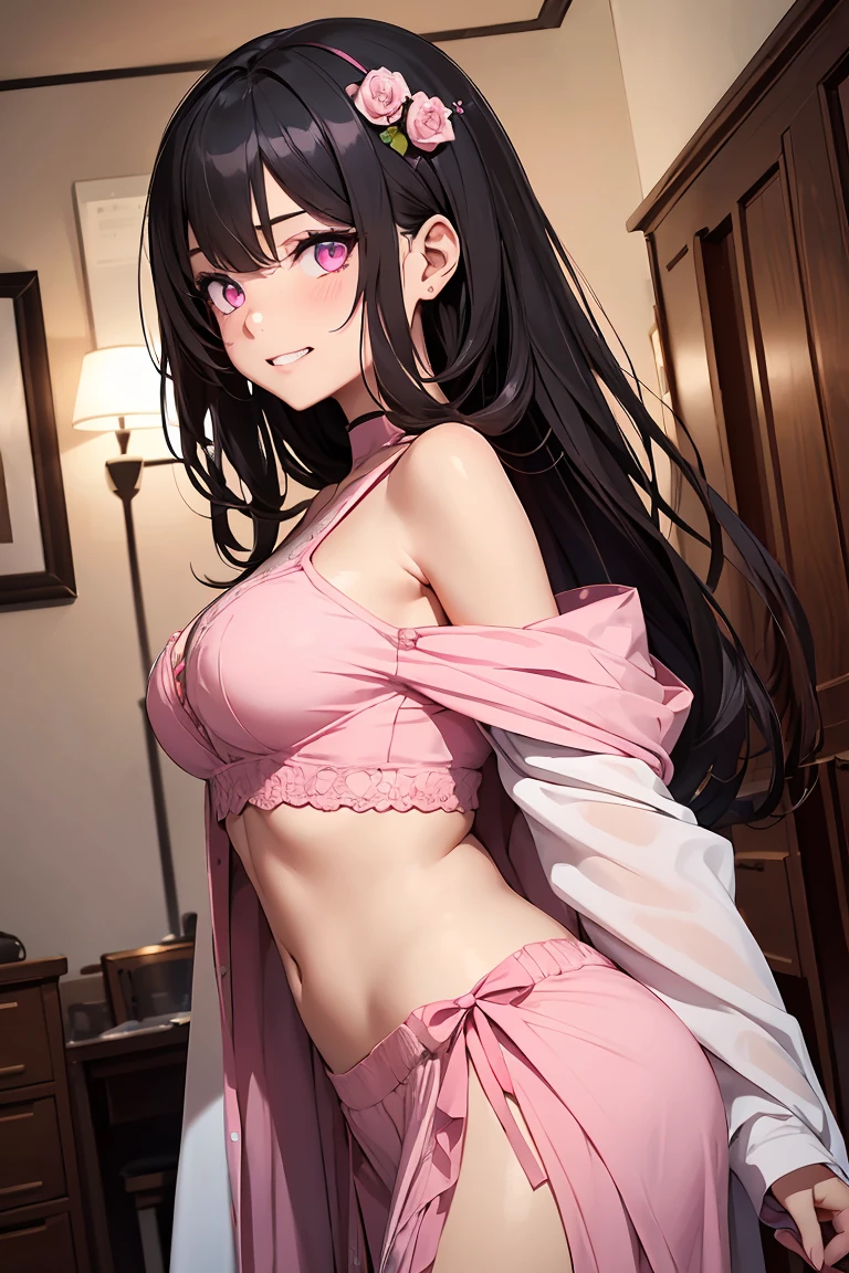 (masutepiece,Best Quality,8K),(extremely detailed CG1.1),teens girl,Smile,large boob,(From below:1.2),Intricate details , Hyper realistic, Perfect Anatomy,A dark-haired,Red Eyes,(((Forehead))),Permed hair with wavy hair,(((length hair))),Hair over one eye,hair slicked back,Full body,Onepiece,blush,Happy smile,(((Bedrooms))),((Night view)),(chromatic abberation:1.3),Dynamic Angle,Looking at Viewer,Lie down