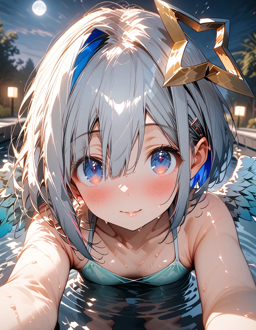 Highest quality, High resolution, (low noise:1.8),(8k, Super RAW photo, best quality, masterpiece, soft cinematic lighting, soft color:1.4),(looking at camera:1.3),(POV, detailed beautiful eyes focus:1.3), dynamic pose, dynamic angle, ((BG night pool)), water, tree, blush, competition, big moon, any stars, girl whose whole body is wet, 1girl, (Amane Kanata:1.4), short hair, silver hair, star halo, flat chest, angel wings, heart spoken, spoken heart,