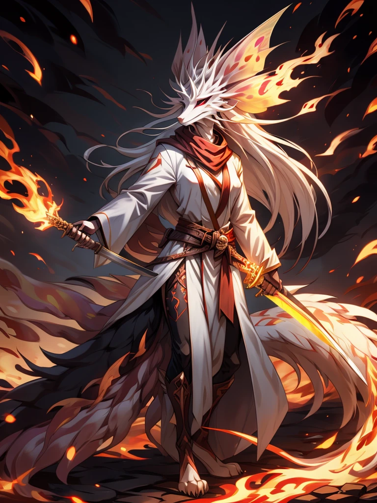 (female)(model mizutsune) Furry, black fox, fur, fluffy fur, long nine tail,red Horns,white sclera, red light eyes, white hair, long teil hair, fox girl black body, light red Flame pattern,long white coat,long Flame scarf, , Flame stockings, holding a Great Sword,phoenix fire effect