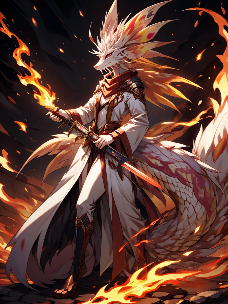 (female)(model mizutsune) Furry, black fox, fur, fluffy fur, long nine tail,red Horns,white sclera, red light eyes, white hair, long teil hair, fox girl black body, light red Flame pattern,long white coat,long Flame scarf, , Flame stockings, holding a Great Sword,phoenix fire effect