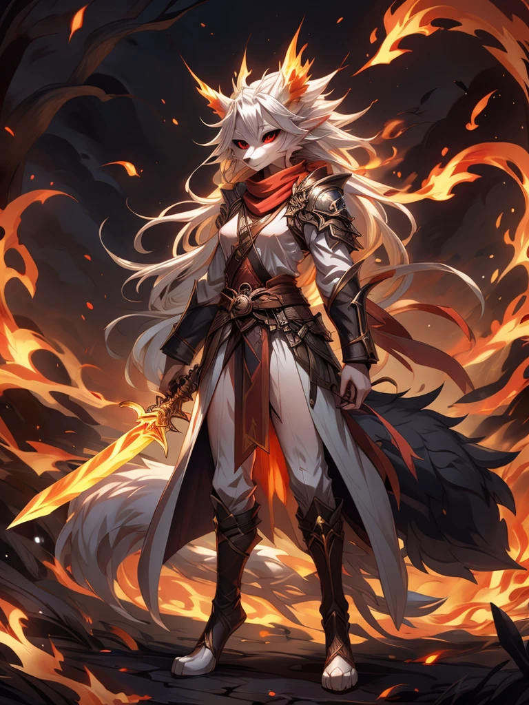 (female)(model mizutsune)(final fantasy style) Furry, black fox, fur, fluffy fur, long nine tail,red Horns,white sclera, red light eyes, white hair, long teil hair, fox girl black body, light red Flame pattern,long white coat,long Flame scarf, , Flame stockings, holding a Great Sword,phoenix fire effect