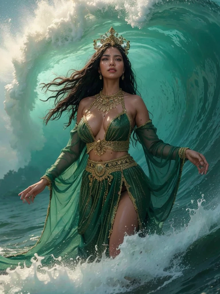 A stunning illustration of Nyai Roro Kidul in her emerald-green gown adorned with gold, her long hair flowing as she stands majestically amidst the waves.