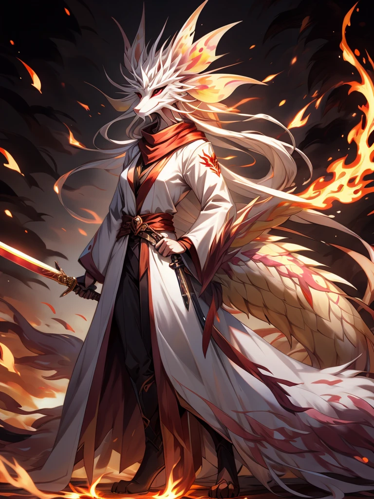 (female)(model mizutsune) Furry, black fox, fur, fluffy fur, long nine tail,red Horns,white sclera, red light eyes, white hair, long teil hair, fox girl black body, light red Flame pattern,long white coat,long Flame scarf, , Flame stockings, holding a Great Sword,phoenix fire effect