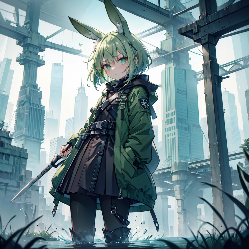 (long Green rabbit ears), green animal ears, (1 girl), green hair, green eyes, bob cut,, frowning, flushed, grumpy, shy, young, alone, Lolita, childhood, child, short, black hood, black rain coat, long boots, wide pants, harness, belt, pouch, with one Axe, midnight Forest, tiny, baby face, pastel academia, cel anime, Solo, cyber punk