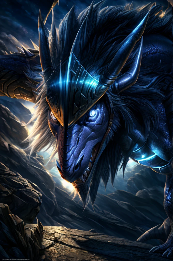 cosmic long-haired dragon, wearing silver armor, metallic teeth, sharp blade tail, white eyes, blue skin and scales, fantasy, detailed, cinematic lighting, hyper detailed, 8k, photorealistic, masterpiece, award winning, dramatic composition, volumetric lighting, intricate textures, striking colors, elegant design, powerful presence
