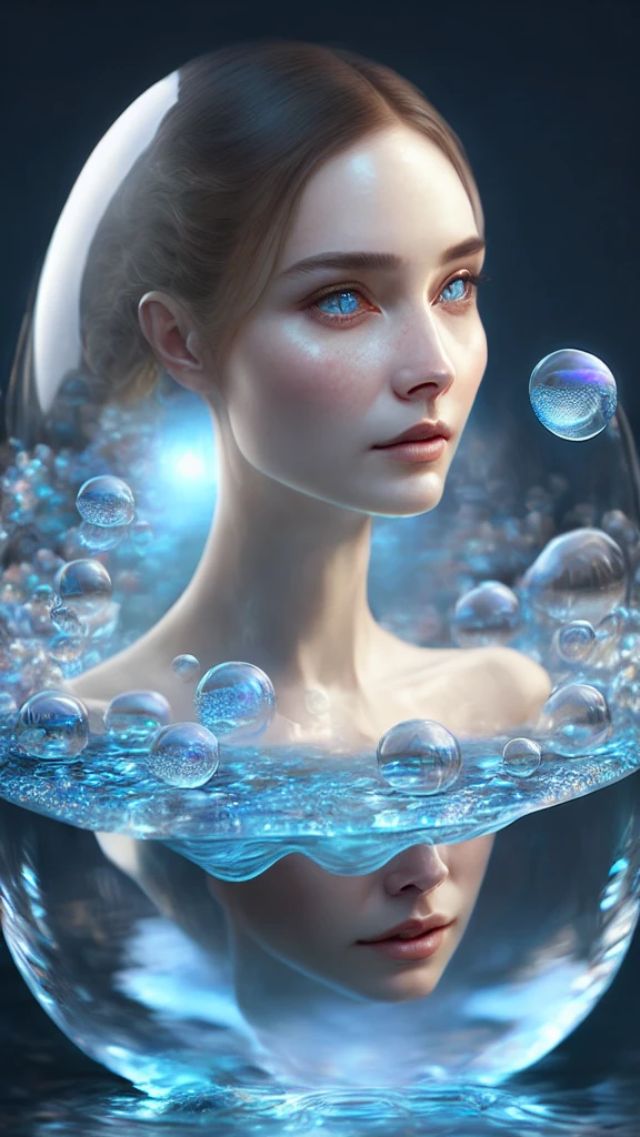 a woman with beautiful features, long grey hair, wearing a pure white dress, high quality, photorealistic, detailed portrait, extremely detailed face, beautiful eyes and lips, long eyelashes, well-proportioned body,  perfect perspective, masterpiece, 8K, photo-realistic、It is surrounded by glass-like water.