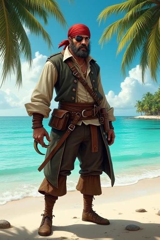 (man,  old nigerian male:1.2), fat, black eyes, white hair, spiky hair, focus on character, portrait, (battlescars:0.7), looking down, solo, half shot, detailed background, ( 1920s art deco theme:1.1),  pirate,  rich brown pirate captain uniform, eyepatch,  rutheless, dynamic pose, sypglass, tropical beach,    shacks, camp, outpost,  sand, peaceful, sunlight,   treasure, sunset, cinematic atmosphere,, (masterpiece:1.2, best quality:1.2, high quality, highres:1.1, aesthetic), extremely detailed, ambient lighting,