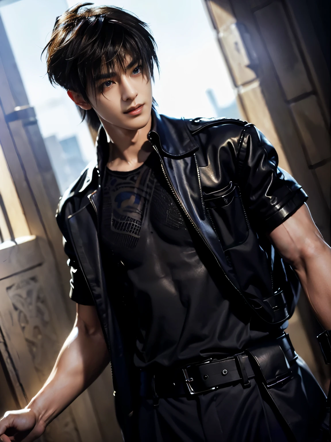 (masterpiece, realistic, absurdres:1.2), (photorealistic:1.5), RAW photo, high resolution, best quality, 8K,1boy, Noctis, chinese boy, very handsome, perfect face, intricate detail, Extremely detailed, professional photography, Bright colors, Clear focus, perfect hair, young man, (black see through shirt:1.2), muscular, slim muscular, (perfect hands, 5 fingers) , clear and beautiful detailed eyes, perfect eyes, Playful expression, abs, soft skin, detailed skin, detailed highlights and shadows, Excellent body proportions, Correct anatomy, looking at camera, male focus, black jacket, fingerless gloves, belt, black pants, boots, gentlesunlight, Cinematic Lighting, Warm colors, full-body shot, ornate futuristic castle background,