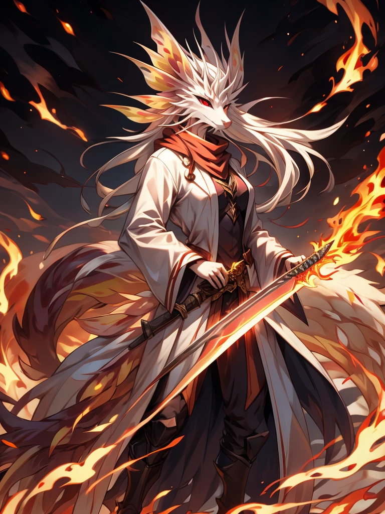 (female)(model mizutsune) Furry, black fox, fur, fluffy fur,red Horns,white sclera, red light eyes, white hair, long teil hair, fox girl black body, light red Flame pattern,long white coat,long Flame scarf, , Flame stockings, holding a Great Sword,phoenix fire effect