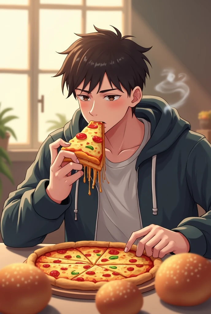 twinks　male people　short dark hair　Sit down and eat pizza　White sweater　JINS　​masterpiece　Top image quality　Darken shading(light)　Clear　cinematic shadow　Increased attractiveness of the eyes　{Perfect face} 　Clear the shine of the eyes　Draw eyelashes neatly