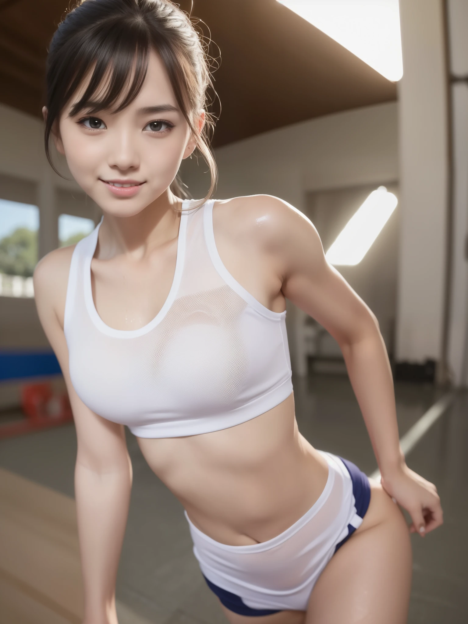 (Woman in her 20s, smile), (cute sportswear, Gymのトレーナー, Gym), (Pure white shiny skin, Larger breasts)