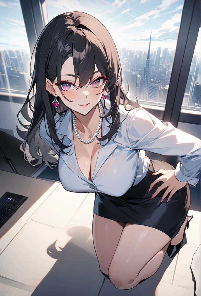 "Curvaceous Japanese office lady, 3, height 163cm, business chic with hidden curves (92-63-93 cm), ample E-cup breasts concealed under blouse, slender 63cm waist, full 93cm hips, shapely legs, clear fair skin (RGB: 255, 233, 209), oval face with soft features, almond-shaped eyes (dark brown, RGB: 54, 38, 22) with double eyelids, straight nose, full lips with natural pink color (RGB: 222, 165, 1) in a professional smile, long black hair styled in an elegant French twist updo, subtle makeup suitable for office with focus on eyes and neutral lip color, wearing a crisp white blouse with top buttons open hinting at cleavage, form-fitting dark gray pencil skirt accentuating hips and ending just above knees, black 3-inch heel pumps, delicate pearl necklace and earrings, standing confidently with one hand on hip in a modern office setting with floor-to-ceiling windows, Tokyo skyline view in background, soft natural lighting mixed with office fluorescents, corporate portrait style with a touch of glamour, shot with Sony A1 mirrorless camera, 85mm f/1.4 GM lens, ISO 200, 1/160 sec, 50MP resolution, focus on professional appearance with subtle emphasis on curves --ar 2:3 --q 2 --s 850 --v 6.0 --style raw"
