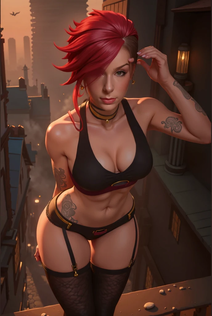 (In style of the 80s and 90s). anime female character, short colored hair, blue eye color, wearing sunglasses, black tattoo on neck , in the hack room, bottom view, digital painting "lighting": "dramatic red light, deep shadows", "resolution": "8K, ultra-detailed", (full length), no posing