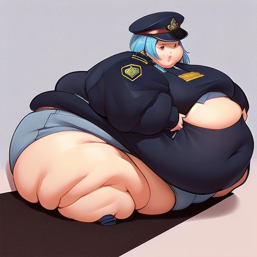 masterpiece,Highest quality,Ultra delicate,Severely obese women,Sitting on the floor, Extremely overweight, Extreme obesity, Large waist,Extremely obese women,Police uniform, Very fat lump, Long Blue Hair, Extra Large, ((Obese belly that hangs down to the knees)), [Fat belly, ((Being in town,Very thick thighs,Very big swollen ass)),Extra Large arms, Very wide hips,Fat-filled legs,Fat-filled arms,Chunk of meat
