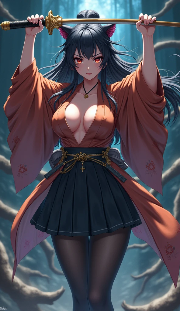 best quality,arms up,(((show off nipples))),score_9, score_8_superior, score_7_superior, score_6_superior, sauce_anime, Break 1 Girl,  black, Hair Ribbon, bracelet, choker, Earrings, Long dress, sash, I&#39;m watching you, Medium chest, village, wood, blue sky, Happy, Put your hand on your chest, superiorper body