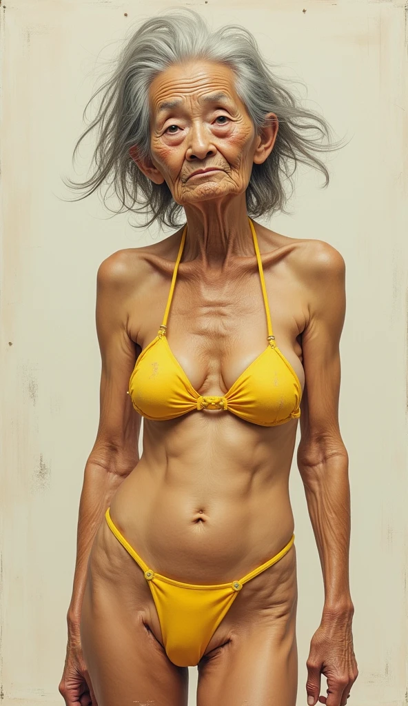 Graphite pencil drawing of the same 60yo Brazilian woman, front and back view, full body, standing, wearing white bikini, white background