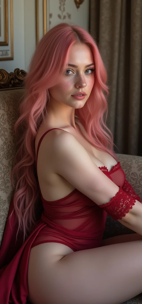 woman nun in red robe, Beautiful italian woman prays, a sexy girl, a beautiful, open big breasts, pink hair, photo of a beautiful, Young sexy woman, beautifully soft lighting, The Goddess, woman, detailed eyes and face, beautiful detailed eyes, choker around the neck, beautiful detailed lips, extremely detailed eyes and face, Sexy young woman, Gray background, gorgeous soft lighting
