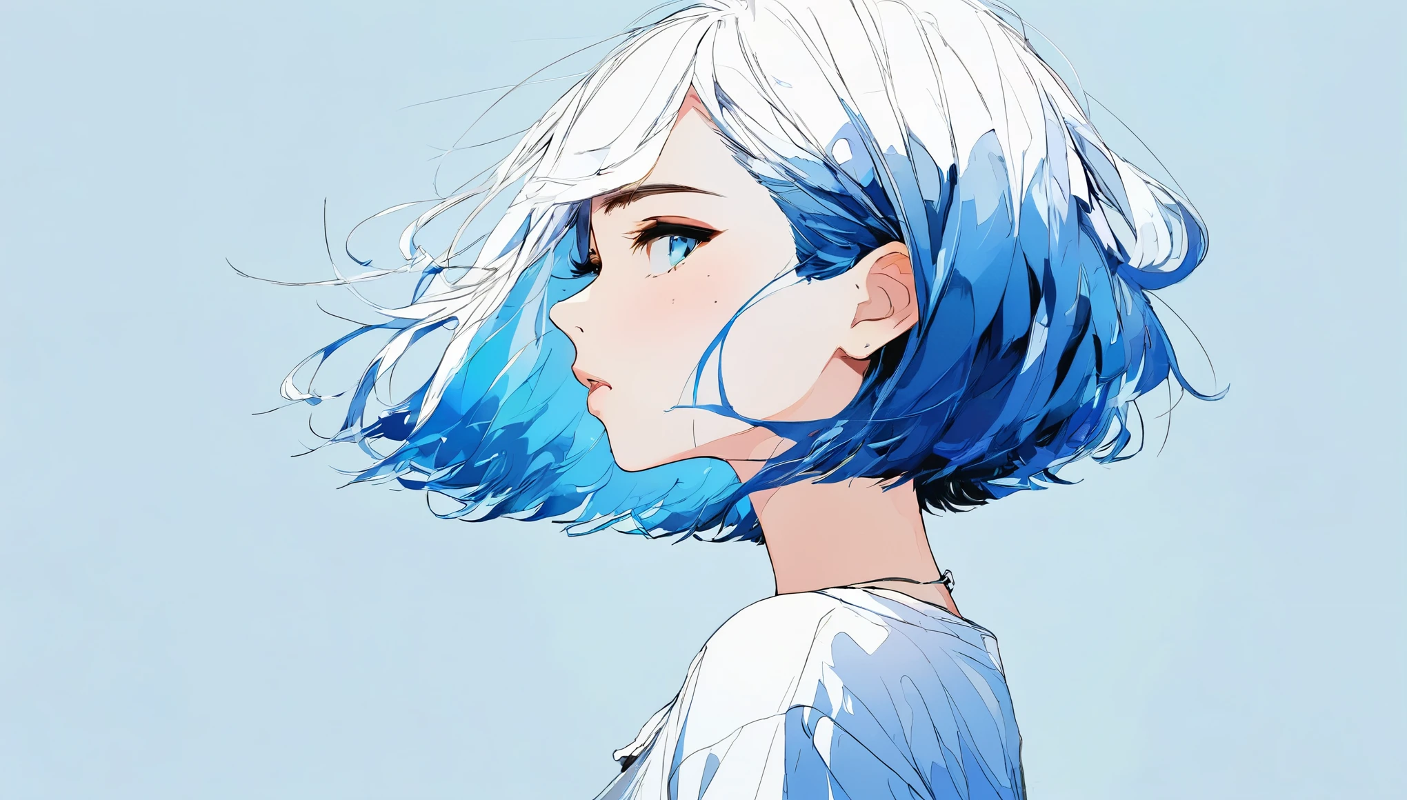 Illustrator, anime , Realistic ,sketch , Abstract sunlight background、body、1 girl, ,Look up at the sky, profile、lip,order, White gradient background, Blue Hair,Short Bob、blackｔshirt、Textured Trim, Canadian, (masterpiece,Best Quality)