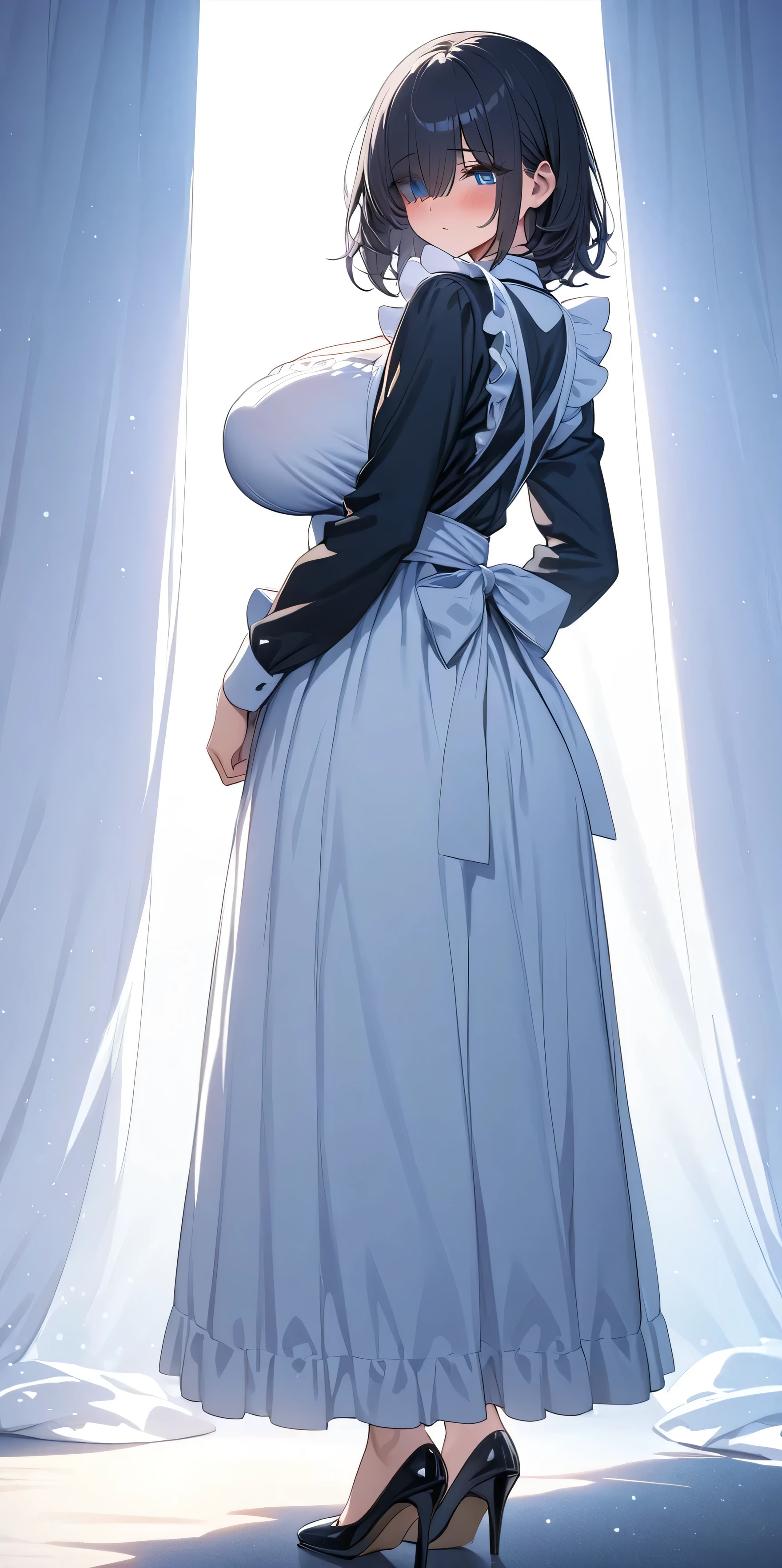 (masterpiece, Highest quality:1.2), 1girl, Black medium hair, (maid dress), growing light, ((blue eyes)), ((big breast)), light particles, long bangs, bangs, high detail, glowing light, bloom, standing, ((hair over eyes)), eyes visible through hair, back light, natural light, blush, mature, long sleeves, white background, full body, heels