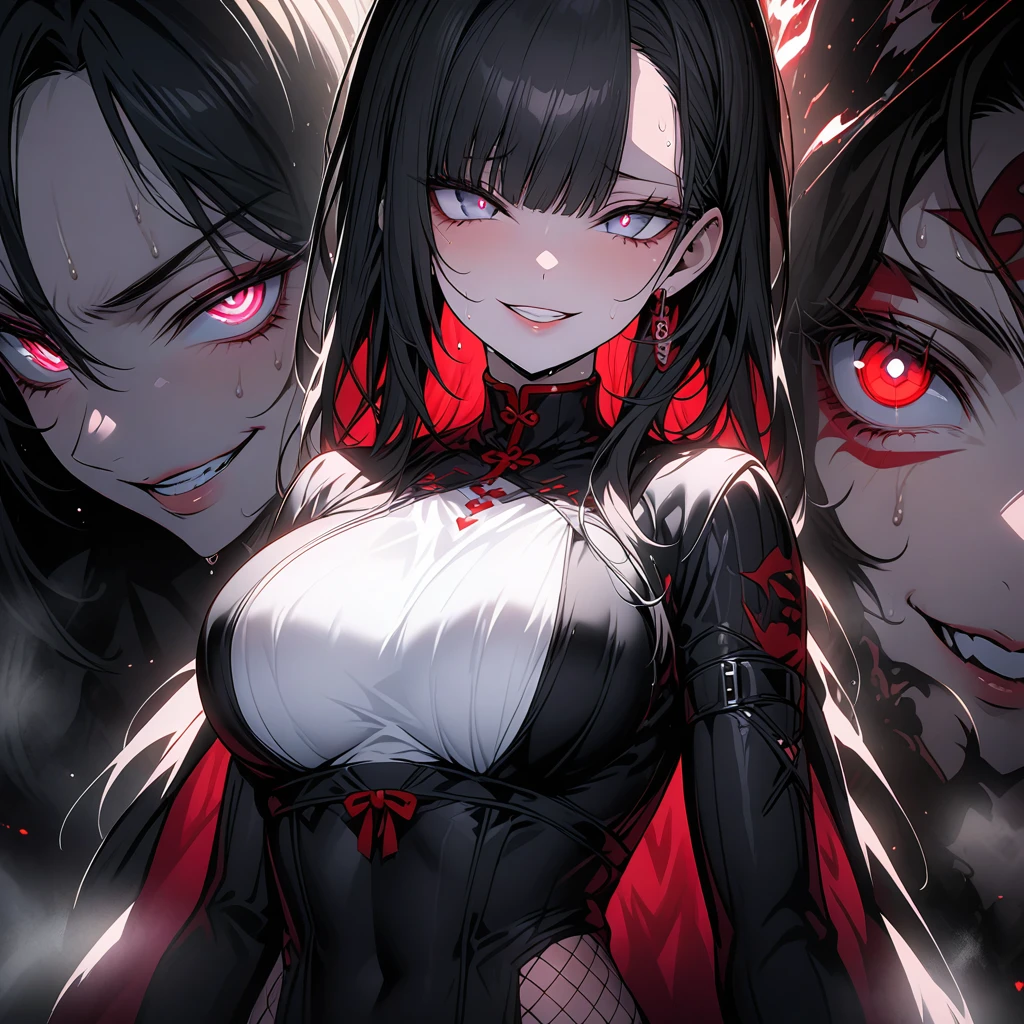 3girls, <lora:MaskedEvil-18:1>, MEvil, colored skin, glowing eyes, red eyes, evil smile, naughty face, tongue out, hand on own face