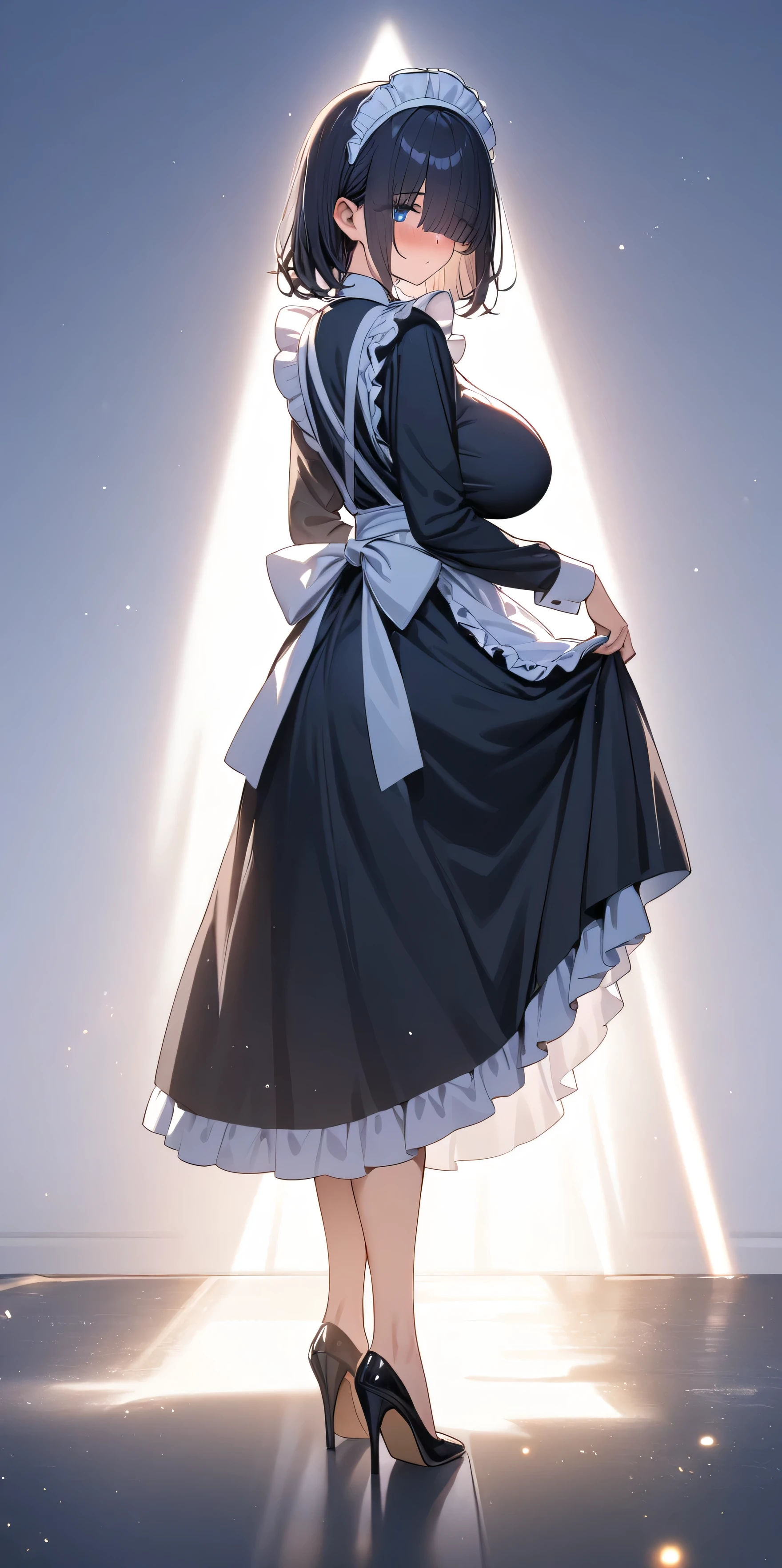 (masterpiece, Highest quality:1.2), 1girl, Black medium hair, (maid dress), growing light, ((blue eyes)), ((big breast)), light particles, long bangs, bangs, high detail, glowing light, bloom, standing, ((hair over eyes)), eyes visible through hair, back light, natural light, blush, mature, long sleeves, white background, full body, heels