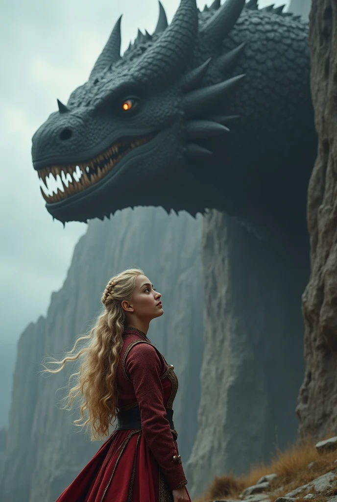 Cinematic scene from the drama series "Thrones"", Close-up, full height, Charismatic Emilia Clarke with bleached blonde hair sits atop a mighty dragon, and the dragon blows into our powerful, Luminescent flame from the mouth, taken with a Canon EOS R6 Mark II UHD camera, Supplemented with Sigma 50mm f/1.Art lens 4 DG HSM, ensuring every detail, inspiring, natural light, huge information