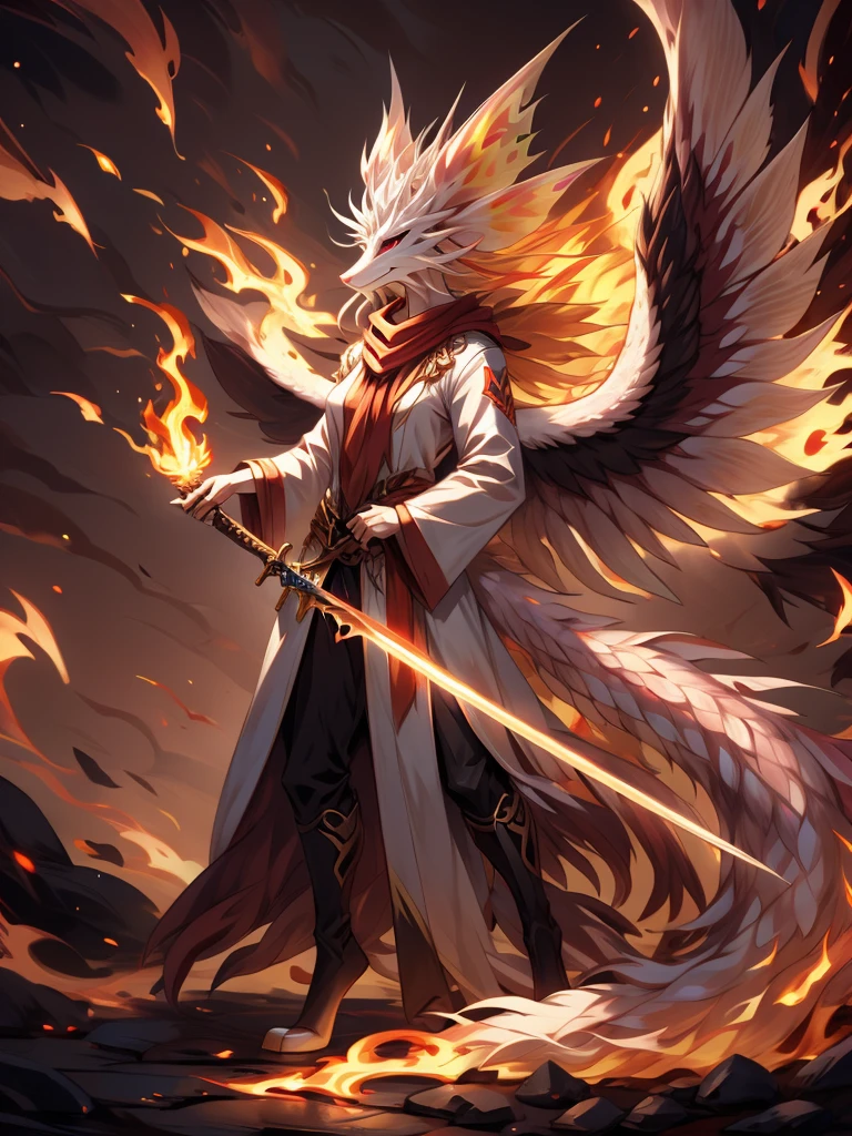 (female)(model mizutsune) Furry, black fox, fur, fluffy fur,red Horns,white sclera, red light eyes, white hair, long teil hair, fox girl black body,phoenix wings, light red Flame pattern,long white coat,long Flame scarf, , Flame stockings, holding a long Sword,phoenix fire effect