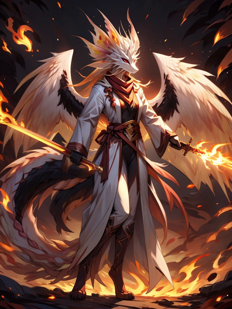 (female)(model mizutsune) Furry, black fox, fur, fluffy fur,red Horns,white sclera, red light eyes, white hair, long teil hair, fox girl black body,phoenix wings, light red Flame pattern,long white coat,long Flame scarf, , Flame stockings, holding a long Sword,phoenix fire effect