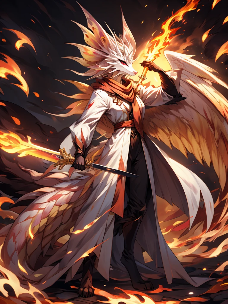 (female)(model mizutsune) Furry, black fox, fur, fluffy fur,red Horns,white sclera, red light eyes, white hair, long teil hair, fox girl black body,phoenix wings, light red Flame pattern,long white coat,long Flame scarf, , Flame stockings, holding a long Sword,phoenix fire effect