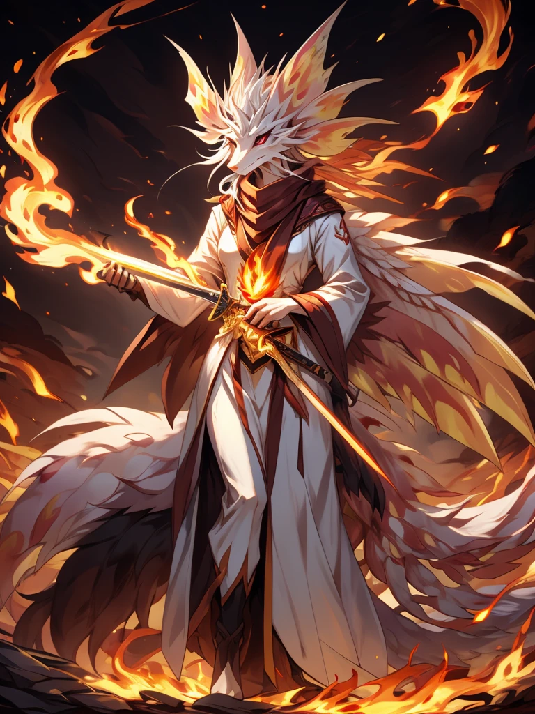 (female)(model mizutsune) Furry, black fox, fur, fluffy fur,red Horns,white sclera, red light eyes, white hair, long teil hair, fox girl black body,phoenix wings, light red Flame pattern,long white coat,long Flame scarf, , Flame stockings, holding a long Sword,phoenix fire effect