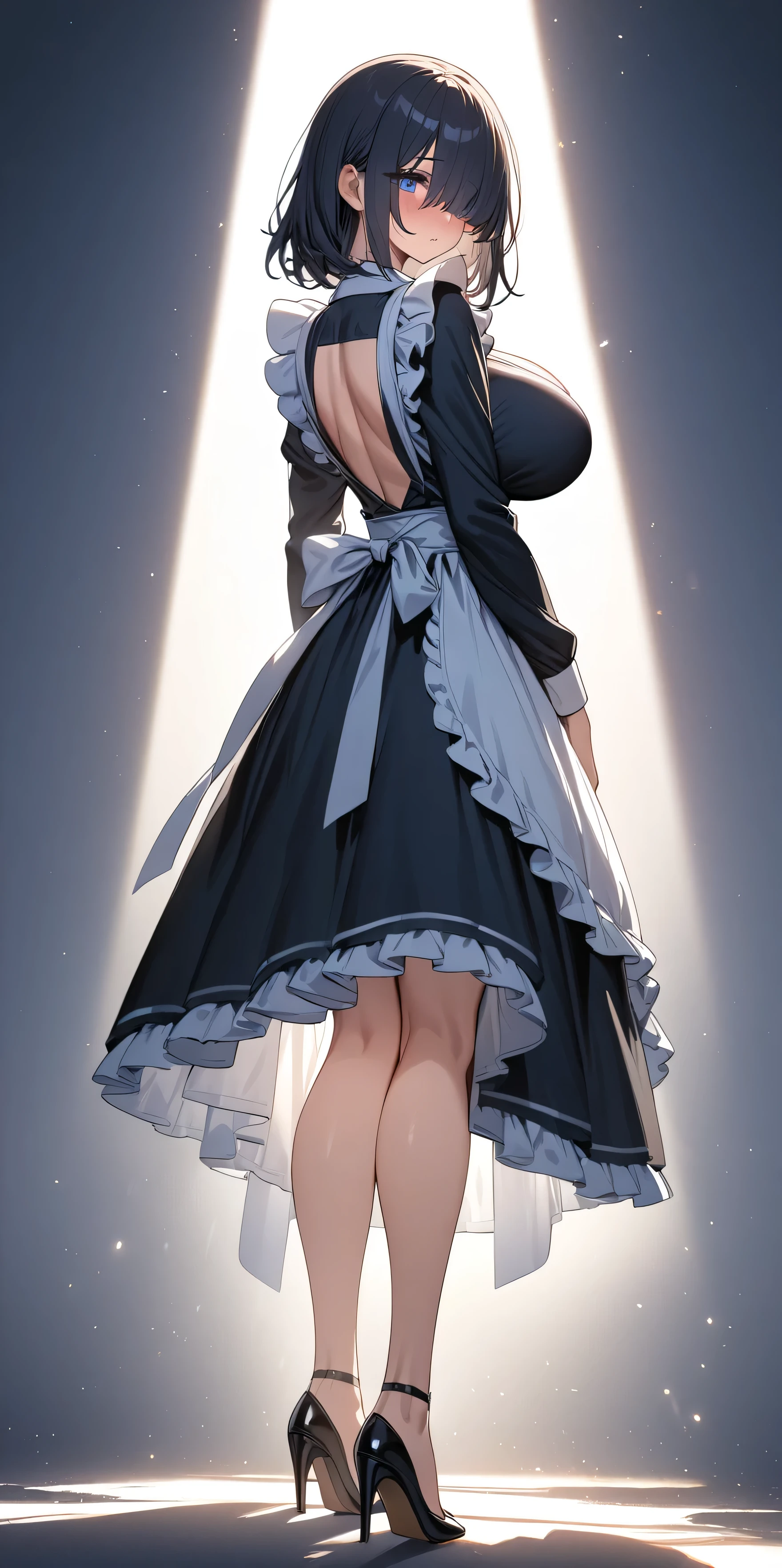 (masterpiece, Highest quality:1.2), 1girl, Black medium hair, (maid dress), growing light, ((blue eyes)), ((big breast)), light particles, long bangs, bangs, high detail, glowing light, bloom, standing, ((hair over eyes)), eyes visible through hair, back light, natural light, blush, mature, long sleeves, white background, full body, heels