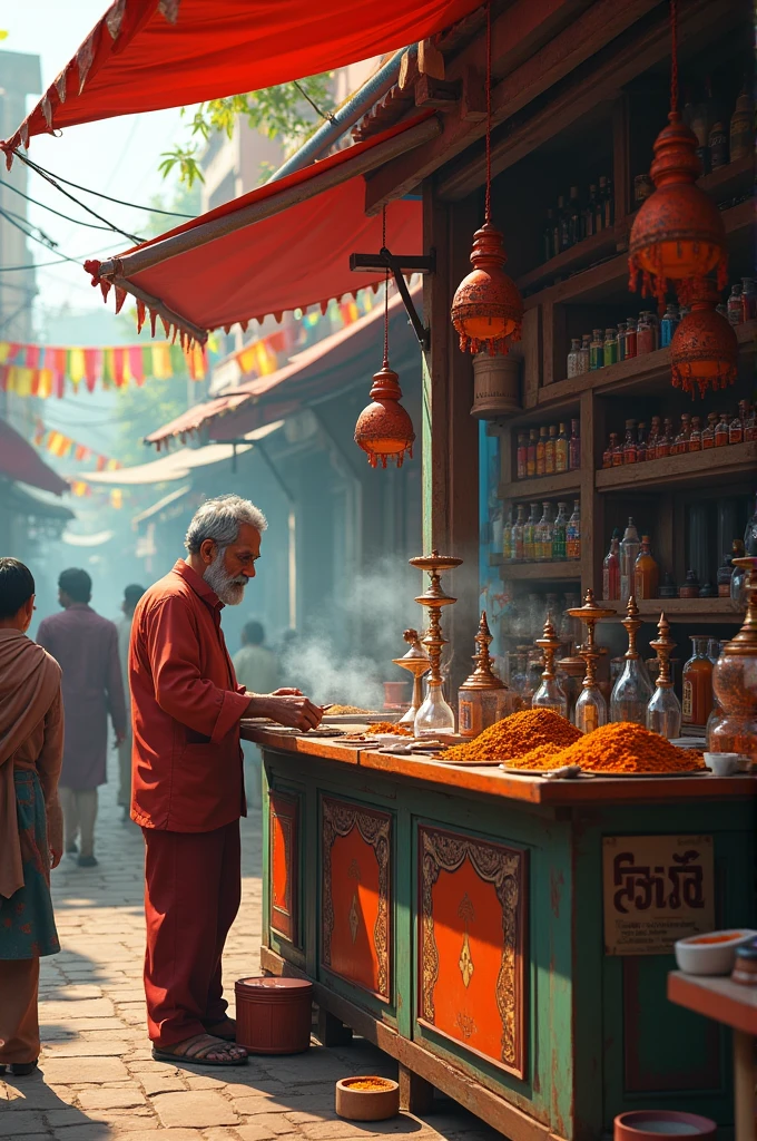A Indian shopkeeper who is seated inside the shop and he is selling sweets realistic image