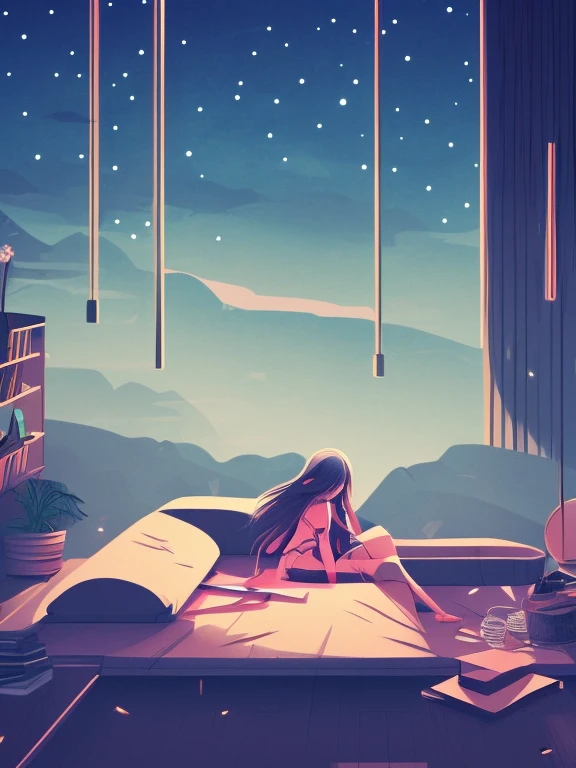 Lo-fi Wallpaper, Lo-Fi illustration of a girl relaxing late at night, Chill and Emo, Emotional illustrations