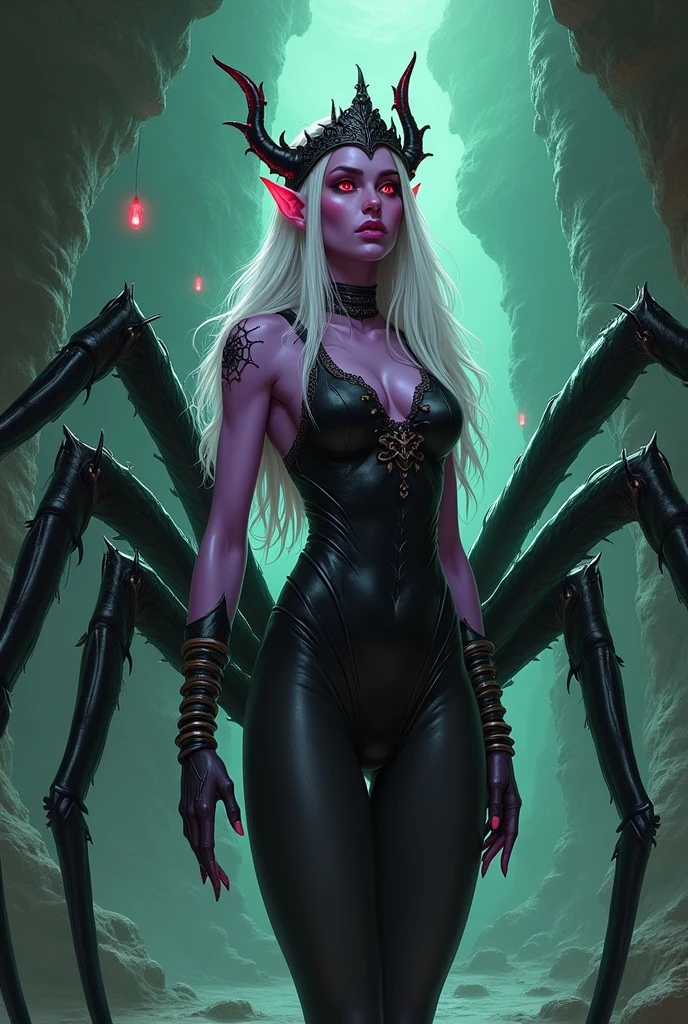Cartoon of a spider woman, dark purple skin and several eyes, well-formed lips and fangs. He has white hair in the style of the seventies and wears elegant clothes., all in dark fantasy style 
