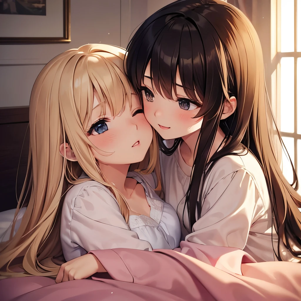 Animated image of two sleeping women hugging each other, a blonde woman hugging a black haired woman, and a black haired woman hugging a large brown teddy bear