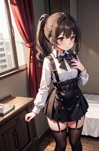 (One lady)、(masterpiece)、(best qualtiy)、(ultra-detailliert)、(a high chroma)、(CG Illustration)、((Full Angle))、18 year old beautiful idol schoolgirl、Delicate beautiful face、(red blush)、(A dark-haired)、(dishevled hair)、(Anime-style eyes)、((Shoulder top))、See-through clothes:1.3、((Black stockings))、(Translucent panties)、(Dark blue pleated skirt)、(teats)、B cup breasts、((turned around))、(Woman sitting on the floor)、The best lighting、simple background