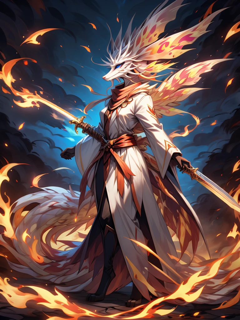 (female)(model mizutsune) Furry, black fox, fur, fluffy fur,red Horns,white sclera, blue light eyes, white hair, long teil hair, mizutsune girl black body,phoenix wings, light red Flame pattern,long white coat,long Flame scarf, , Flame stockings, holding a long Sword,phoenix fire effect